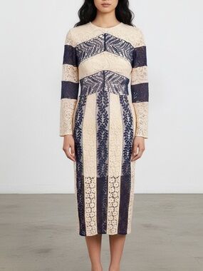 Disaya Cream and Navy Lace Long-Sleeve Midi Dress